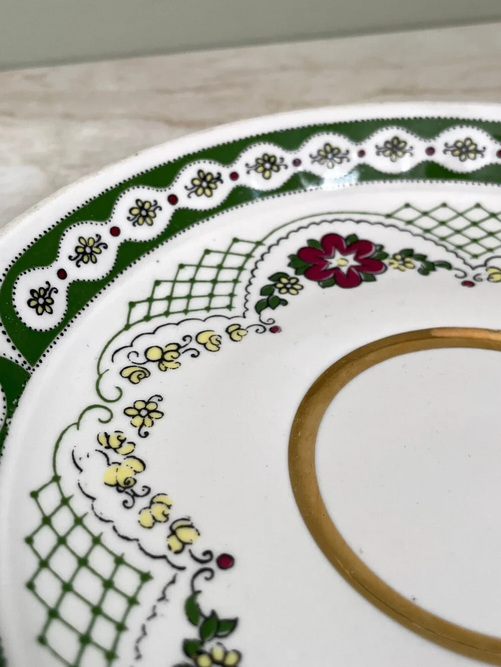 Vintage USSR Soviet Porcelain Saucer | Green Floral Gold Trim Collectible